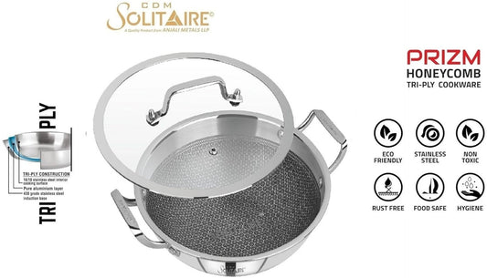 Prizm Hybrid Triply Non-Stick Kadai with Glass Lid, Stainless Steel Kadai for Cooking, Triply Kadhai Metal Spatula Friendly, Induction & Gas Stove Compatible,