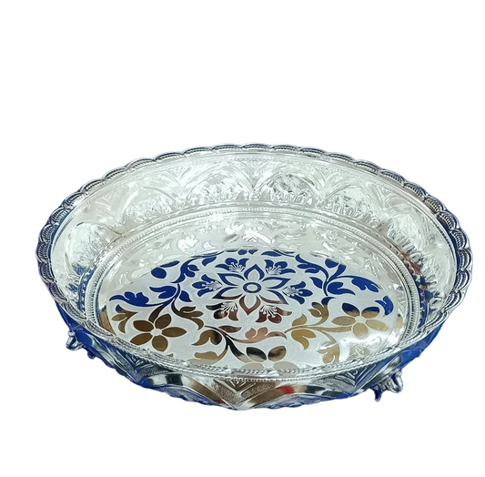 Silver Plated Sambhav Fancy Urli with Elephant, German Silver Decorative Urli Bowl for Flowers with elephant for Home, Office and Table Silver Color Fancy Urli with Elephant