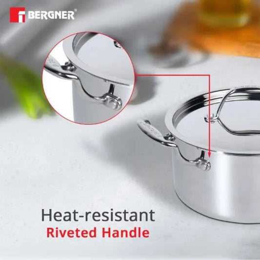 Bergner Argent Triply 28cm 8.3L Silver Stainless Steel Casserole with Lid, BG-9950