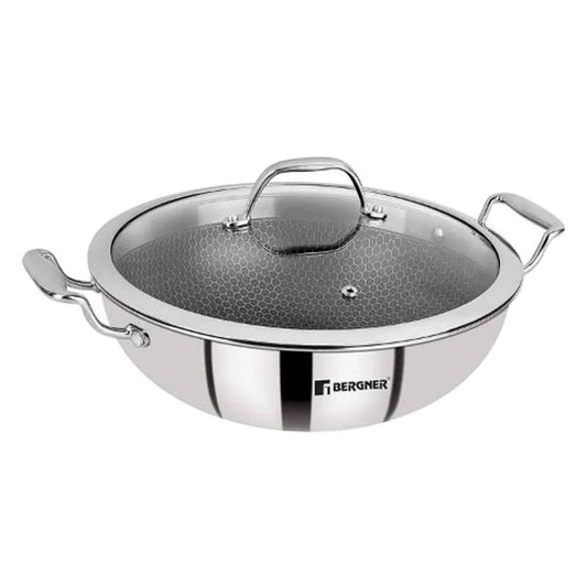 Bergner Hitech Prism 28cm 4.5L Non Stick Stainless Steel Kadhai with Glass Lid, BG-31167-MM