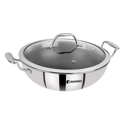 Bergner Hitech Prism 28cm 4.5L Non Stick Stainless Steel Kadhai with Glass Lid, BG-31167-MM