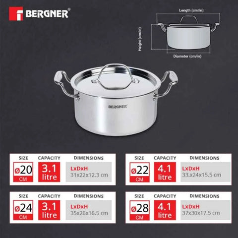 Bergner Argent Triply 28cm 8.3L Silver Stainless Steel Casserole with Lid, BG-9950