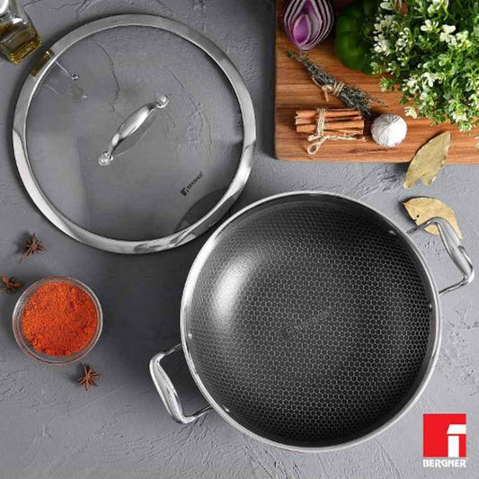 Bergner Hitech Prism 28cm 4.5L Non Stick Stainless Steel Kadhai with Glass Lid, BG-31167-MM