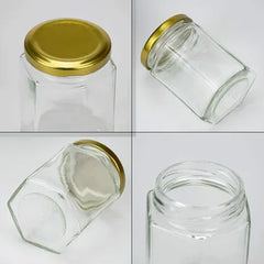 Kitchen & Homes Hexagon Glass Jar With Air Tight Golden Metal Cap For Storage