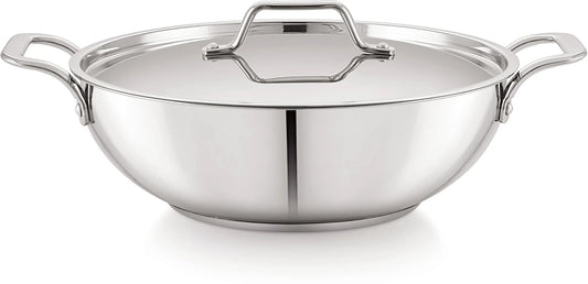 sonu Series Stainless Steel Kadhai with Lid, Mirror Finish, Kadhai 30 cm diameter with Lid 5.9 L capacity (Stainless Steel, Induction Bottom)