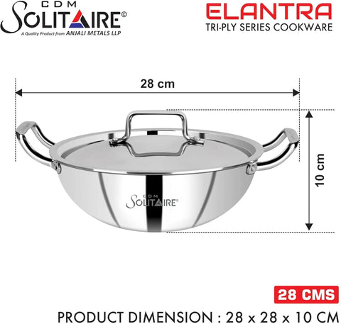Cdm Solitaire Cdm Solitaire Elantra Triply Stainless Steel Kadai With Ss Lid Kadhai 28 Cm, 28 Cm, 10 Cm Diameter With Lid 4.5 L Capacity