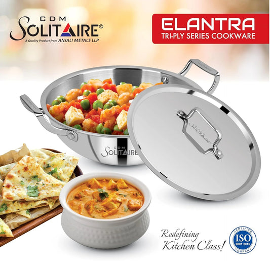 Cdm Solitaire Cdm Solitaire Elantra Triply Stainless Steel Kadai With Ss Lid Kadhai 28 Cm, 28 Cm, 10 Cm Diameter With Lid 4.5 L Capacity