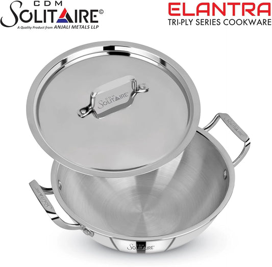 Cdm Solitaire Cdm Solitaire Elantra Triply Stainless Steel Kadai With Ss Lid Kadhai 28 Cm, 28 Cm, 10 Cm Diameter With Lid 4.5 L Capacity