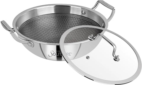 Prizm Hybrid Triply Non-Stick Kadai with Glass Lid, Stainless Steel Kadai for Cooking, Triply Kadhai Metal Spatula Friendly, Induction & Gas Stove Compatible,