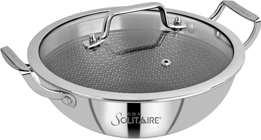 Prizm Hybrid Triply Non-Stick Kadai with Glass Lid, Stainless Steel Kadai for Cooking, Triply Kadhai Metal Spatula Friendly, Induction & Gas Stove Compatible,