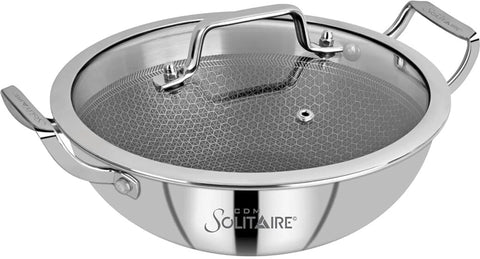 Prizm Hybrid Triply Non-Stick Kadai with Glass Lid, Stainless Steel Kadai for Cooking, Triply Kadhai Metal Spatula Friendly, Induction & Gas Stove Compatible,