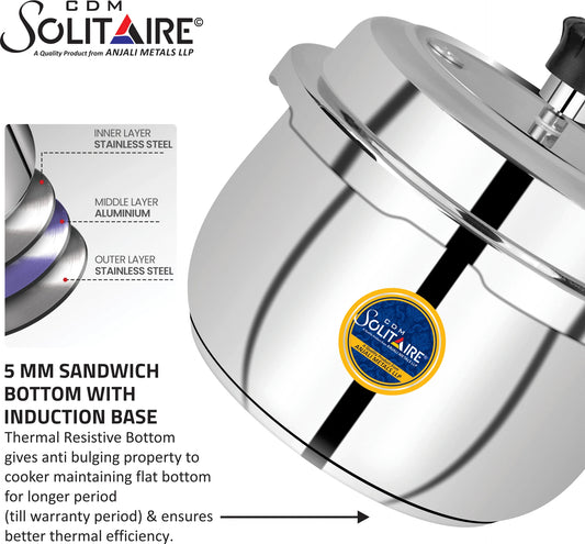CDM SOLITAIRE MegaCombo Belly 1.5,3 & 5 Ltr. Sandwich Bottom Outer Lid with Extra 3 Glass Lid 1.5 L, 3 L, 5 L Induction Bottom Pressure Cooker (Stainless Steel)