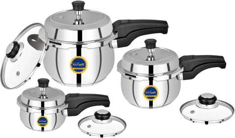 CDM SOLITAIRE MegaCombo Belly 1.5,3 & 5 Ltr. Sandwich Bottom Outer Lid with Extra 3 Glass Lid 1.5 L, 3 L, 5 L Induction Bottom Pressure Cooker (Stainless Steel)