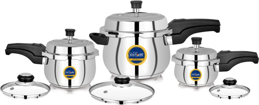 CDM SOLITAIRE MegaCombo Belly 1.5,3 & 5 Ltr. Sandwich Bottom Outer Lid with Extra 3 Glass Lid 1.5 L, 3 L, 5 L Induction Bottom Pressure Cooker (Stainless Steel)