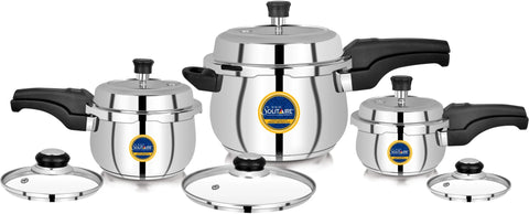 CDM SOLITAIRE MegaCombo Belly 1.5,3 & 5 Ltr. Sandwich Bottom Outer Lid with Extra 3 Glass Lid 1.5 L, 3 L, 5 L Induction Bottom Pressure Cooker (Stainless Steel)