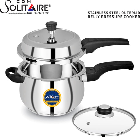 CDM SOLITAIRE MegaCombo Belly 1.5,3 & 5 Ltr. Sandwich Bottom Outer Lid with Extra 3 Glass Lid 1.5 L, 3 L, 5 L Induction Bottom Pressure Cooker (Stainless Steel)