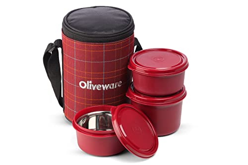 SOPL-OLIVEWARE Amber Lunch Box | 3 Stainless Steel Containers | Microwave Safe | Insulated Fabric Bag | Leak Proof | Full Meal (Red)