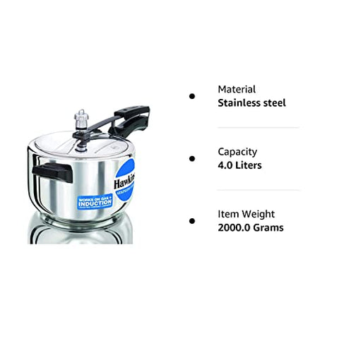 Hawkins B45 Pressure Cooker, 4 Litre, Silver