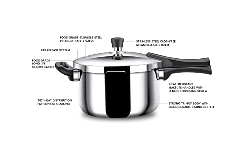 Stahl Triply Stainless Steel Pressure Cooker 3 Litre Outer Lid | Broad Pressure Cooker | Triply Cooker With Gas & Induction Base | Safe & Long Lasting Steel | Xpress Cooker 9253 (Serves 2 People)