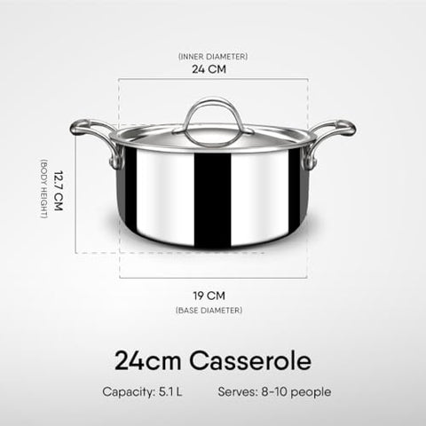 Stahl Triply Stainless Steel Sauce Pot with Lid | Stainless Steel Casserole | Tri Ply Biryani Pot with Induction Base | Artisan 4124, Dia 24 cm, 5.1 L (Serves 8 People)