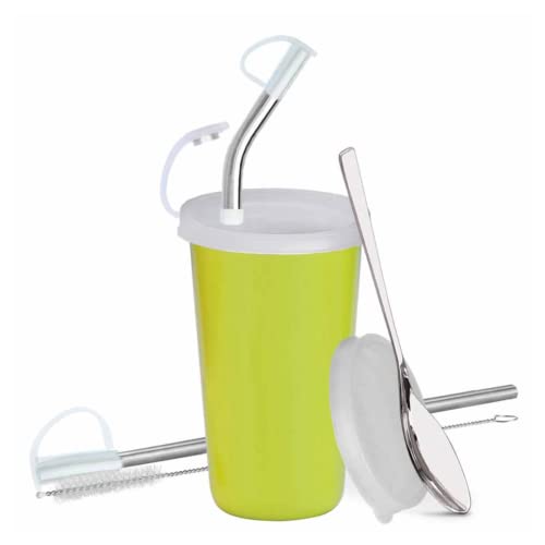 PDDFALCON Stainless Steel Straw Glass Green Color - 370ml with Additional Accessories