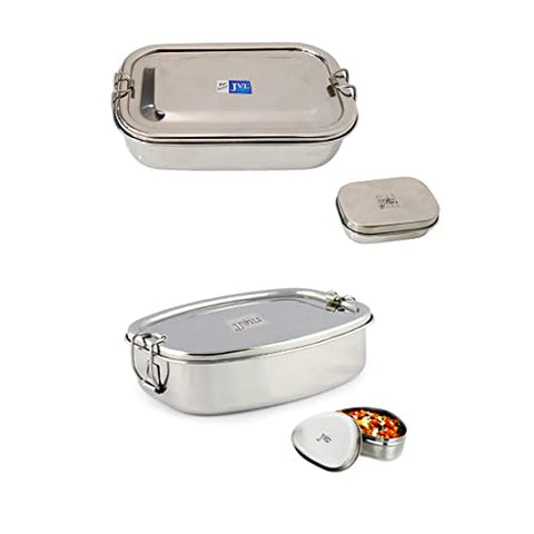 JVL Stainless Steel Rectangular Single Layer Lunch Box with Small Container - Big & Deluxe Single Layer Lunch Box with Small Container - Big Combo for Kids, School, Office - Not Leakproof
