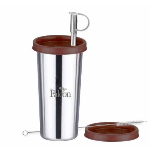 PDDFALCON Customized Steel Straw Sipper Glass with Extra Lid & Cleaning Brush - 520ml (Brown)