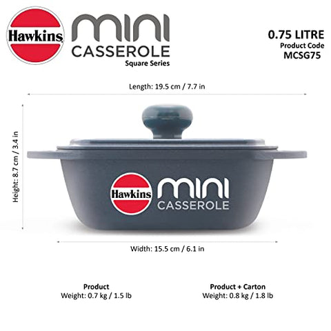 Hawkins 0.75 Litre Mini Casserole with Lid, Square Series Die-Cast pan for Cooking, Reheating, Serving and Storing, Grey (MCSG75)