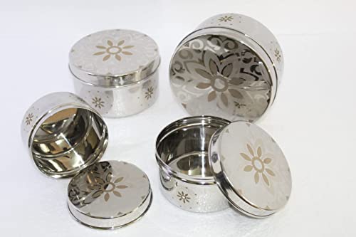 Bluebird Stainless Steel Round Puri Dabbas/Storage containers /Flat canisters set of 4 Pieces (250ml,400ml,500ml,800ml) (Rangoli design)