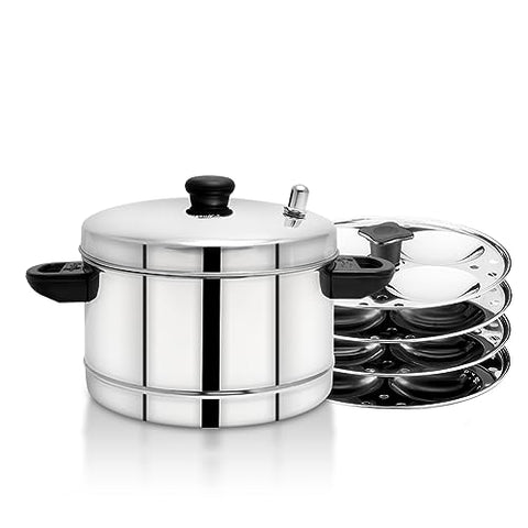 Stainless Steel Idly Cooker - Regular | Classic Stainless Steel Idly Cooker Pot | Steel Idli Maker with Silver Lid - 4 Plates (for 16 Idlies)