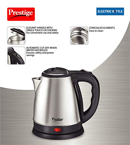 Prestige Litres Electric Kettle (PKOSS Silver Black| Automatic Cut-off Stainless Steel Rotatable Base Power Indicator