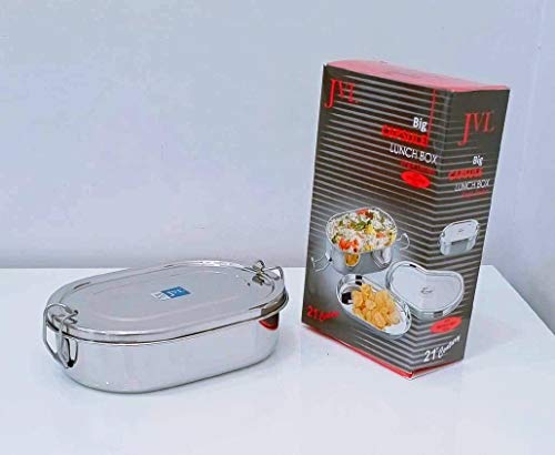 JVL Stainless Steel Capsule Shaped Lunch Box for School, Office,College Tiffin Box - Medium - Single Layer with Steel Separator Plate and Locking Clip Systems