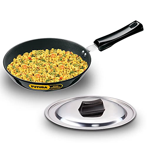 Hawkins Futura Hard Anodised Induction Compatible Frying Pan with Stainless Steel Lid, Capacity 1.1 Litre, Diameter 22 cm, Thickness 4.06 mm, Black (IAF22S)