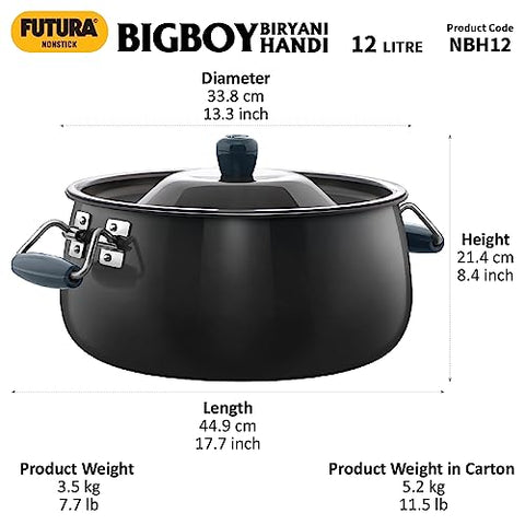 Hawkins Futura 12 Litre BigBoy Biryani Handi, Non Stick Pot with Hard Anodised Lid, Sauce Pan for Cooking and Serving Biriyani, Black (NBH12)