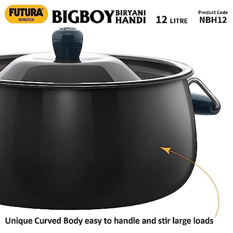 Hawkins Futura 12 Litre BigBoy Biryani Handi, Non Stick Pot with Hard Anodised Lid, Sauce Pan for Cooking and Serving Biriyani, Black (NBH12)