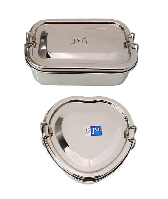 JVL Stainless Steel Rectangular Single Layer Lunch Box with Inner Plate - Big & Heart Single Layer Lunch Box with Inner Plate - Big Combo for Kids, School, Office - Not Leakproof