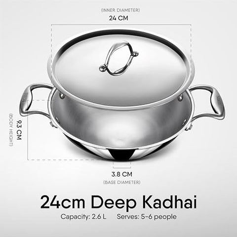 Stahl Triply Stainless Steel Kadai with Lid I Stainless Steel Cookware Tri Ply Deep Kadhai I Deep Frying Pan with Round Bottom I Artisan 4754, Dia 24 cm, 2.6 L (Serves 4 People)