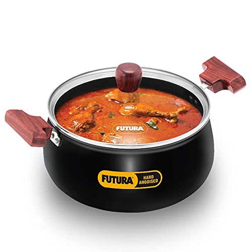 FUTURA Hawkins with 4 liters cook and serve handi glass lid, hard anodized biryani handi, pot, black (ACH40G)