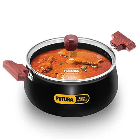 FUTURA Hawkins with 4 liters cook and serve handi glass lid, hard anodized biryani handi, pot, black (ACH40G)