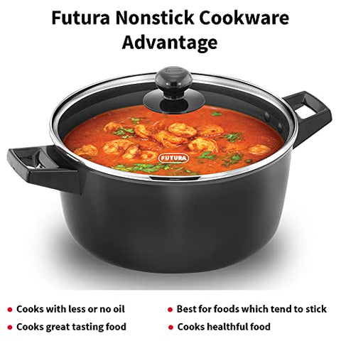 Hawkins Futura 4 Litre Cook n Serve Bowl, Non Stick Saucepan with Glass Lid, Sauce Pan for Cooking and Serving, Black (NCB40G)