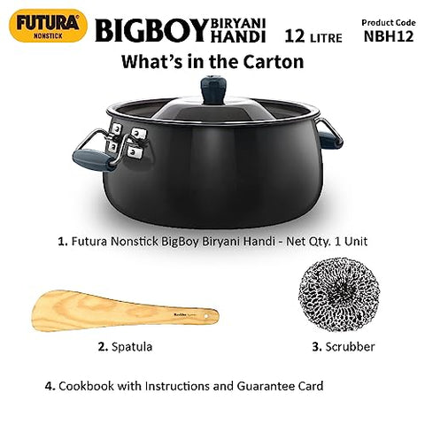 Hawkins Futura 12 Litre BigBoy Biryani Handi, Non Stick Pot with Hard Anodised Lid, Sauce Pan for Cooking and Serving Biriyani, Black (NBH12)