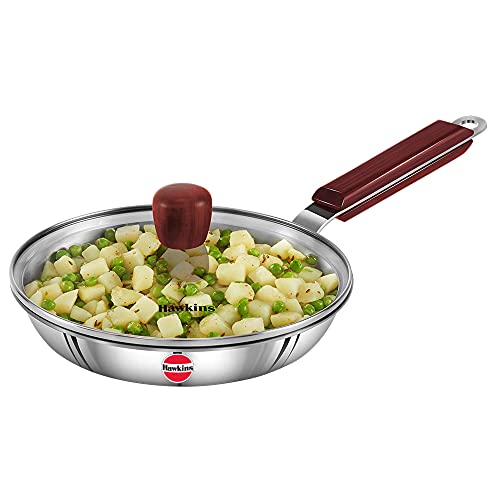 HAWKINS Tri-ply Stainless Steel Frying Pan 22 cm with Glass Lid, Silver, Standard (SSF22G)