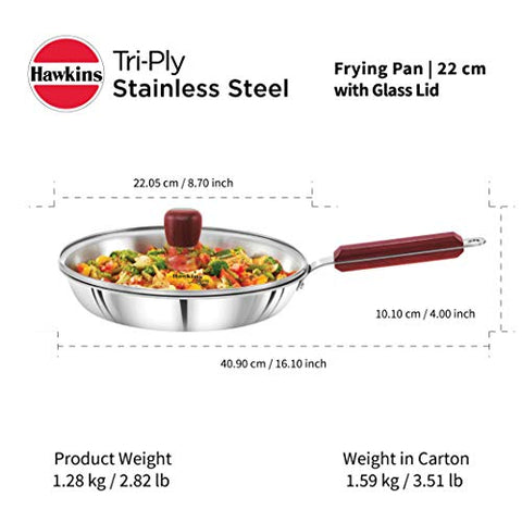 HAWKINS Tri-ply Stainless Steel Frying Pan 22 cm with Glass Lid, Silver, Standard (SSF22G)