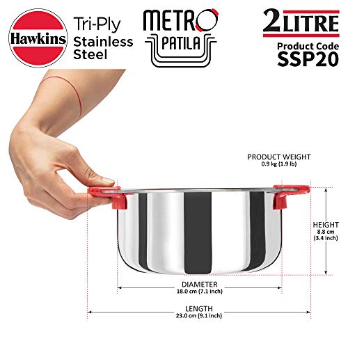 HAWKINS Tri-Ply Stainless Steel Patila/Bhagona/Tope/Sauce Pan, 2 Litre, Silver