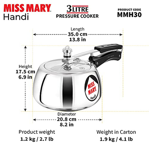 Hawkins Miss Mary Handi Pressure Cooker, 3 Litre, Silver (MMH30)