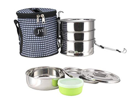 JVL Medium Round Stainless Steel Lunch Box - Travelling Set with 4 Compartments and 1 Air Tight Plastic Box (Product Code - RTS-2)