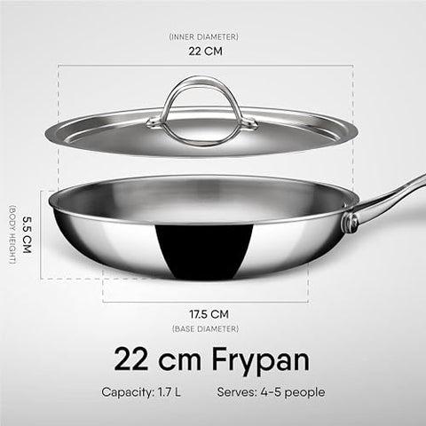Stahl Triply Stainless Steel Pan | Stainless Steel Frying Pan with Lid | Fry Pan with Induction Base| Artisan 4422, Dia 22 cm, 1.7L (Serves 4 People)