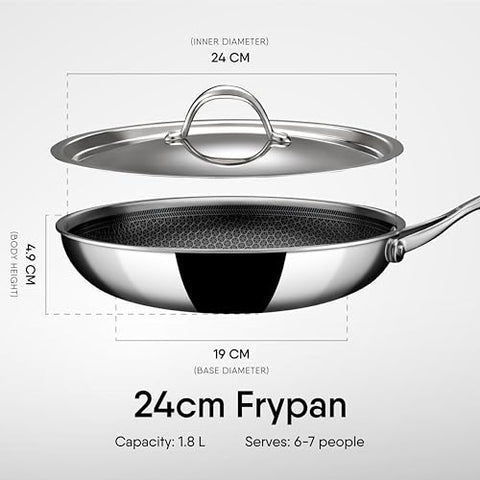 Stahl Triply Stainless Steel Non Stick Pan | Stainless Steel Frying Pan with Lid | Fry Pan with Induction Base|Scratch Resistant Non Stick Pan | Hybrid 6424, Dia 24 cm, 1.8L (Serves 6 People)