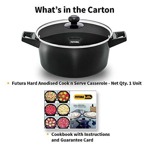 Hawkins Futura 4 Litre Cook n Serve Casserole, Hard Anodised Saucepan with Glass Lid, Sauce Pan for Cooking, Black Bowl for Serving, Black (IACB40G)