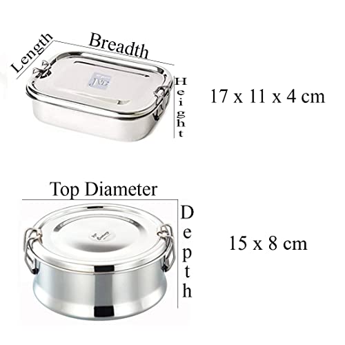 JVL Stainless Steel Rectangular Single Layer Lunch Box with Inner Plate - Big & Round Single Layer Lunch Box with Inner Plate - Big Combo for Kids, School, Office - Not Leakproof